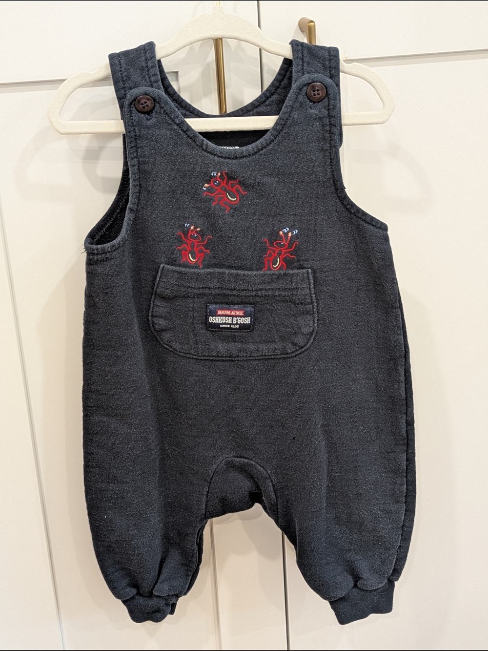 Vintage OshKosh B'gosh Navy Overalls with Red Ant Embroidery